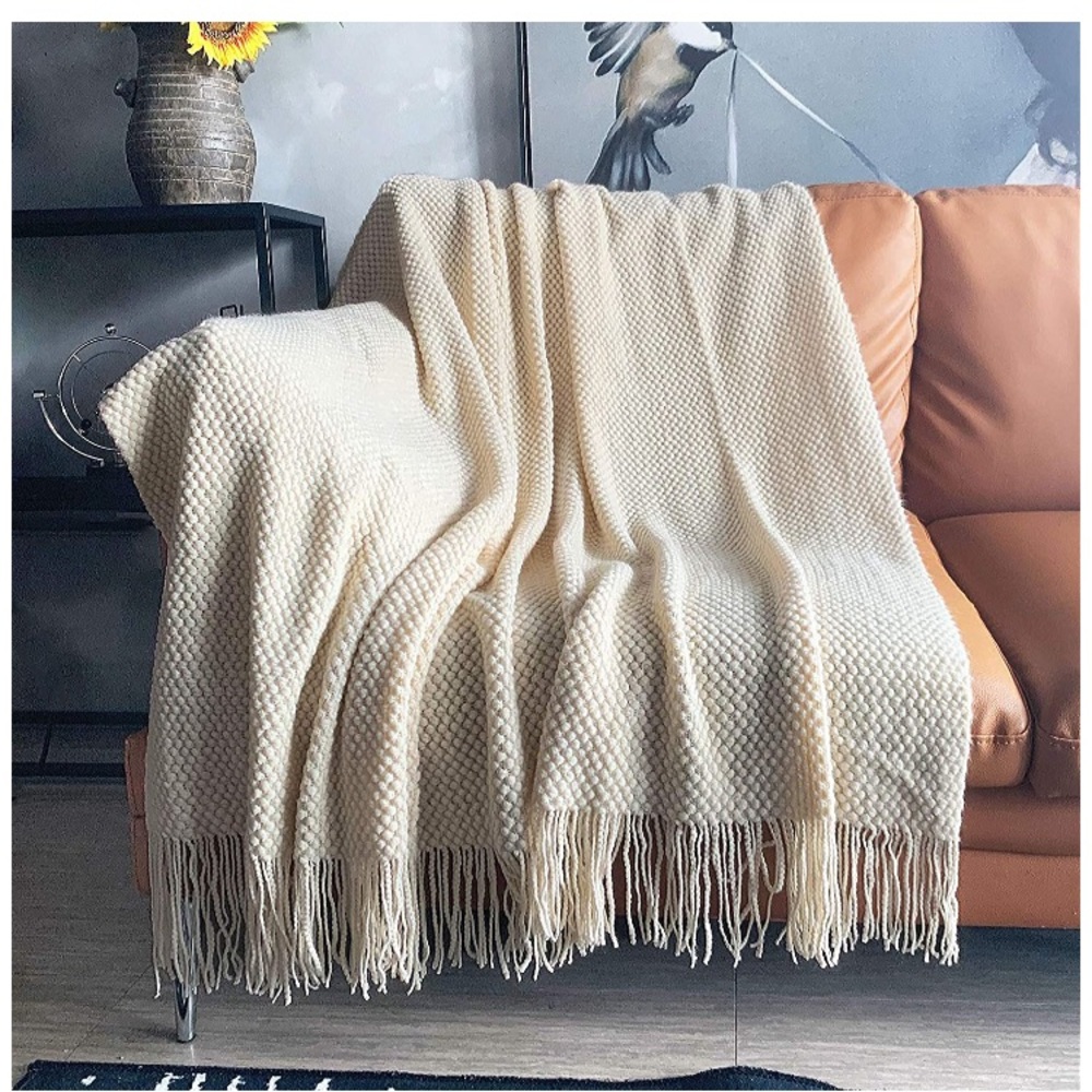 Light Grey Boho Tassel Chunky Knit Dorm/Living/Bedroom Cozy Casual Throw Blanket - Picture 9 of 16